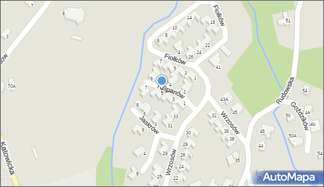 Cieszyn, Tulipanów, 5, mapa Cieszyna