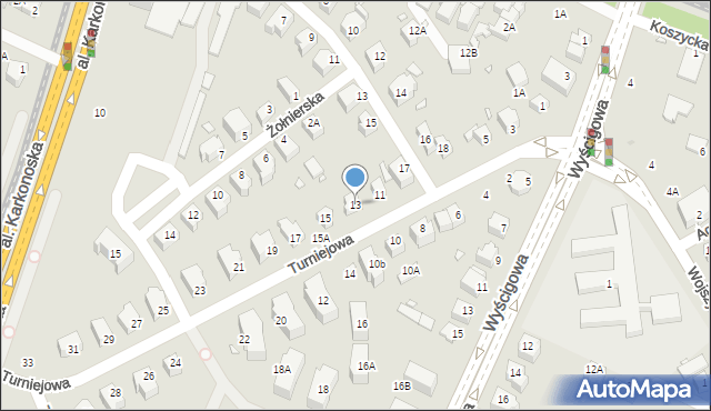 Wrocław, Turniejowa, 13, mapa Wrocławia