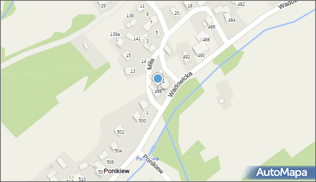 Ponikiew, Wadowicka, 498, mapa Ponikiew