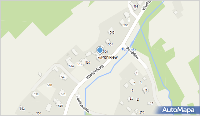 Ponikiew, Wadowicka, 508, mapa Ponikiew