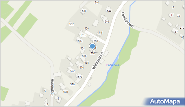 Ponikiew, Wadowicka, 560, mapa Ponikiew