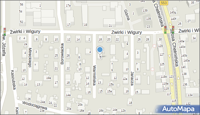 Toruń, Warmińska, 5, mapa Torunia