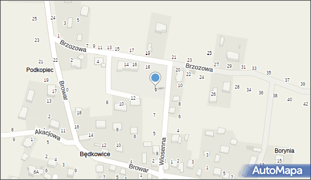 Będkowice, Wiosenna, 9, mapa Będkowice