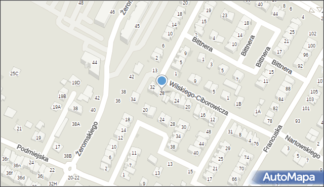 Biała Podlaska, Wilskiego-Ciborowicza Krzysztofa, ks., 28, mapa Białej Podlaskiej