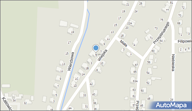 Cieszyn, Wiejska, 5, mapa Cieszyna