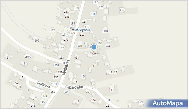 Mokrzyska, Wiślana, 100, mapa Mokrzyska