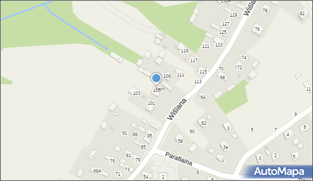 Mokrzyska, Wiślana, 105, mapa Mokrzyska