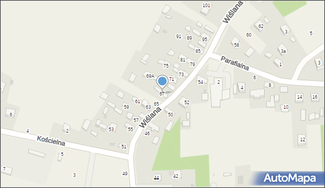 Mokrzyska, Wiślana, 67, mapa Mokrzyska
