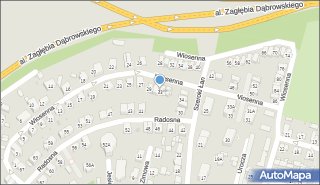 Sosnowiec, Wiosenna, 33, mapa Sosnowca