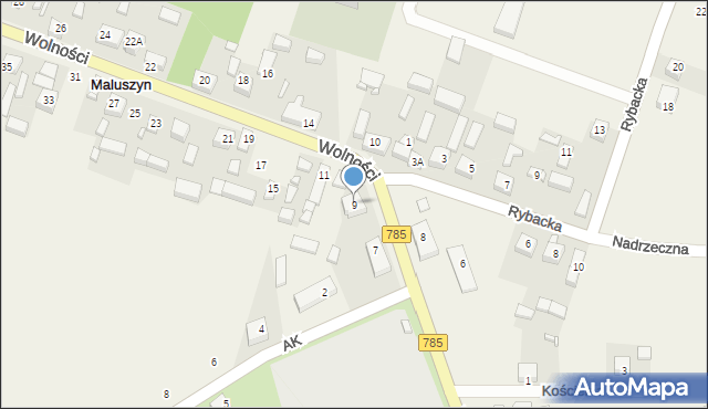 Maluszyn, Wolności, 9, mapa Maluszyn