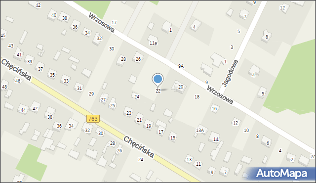 Brzeziny, Wrzosowa, 22, mapa Brzeziny