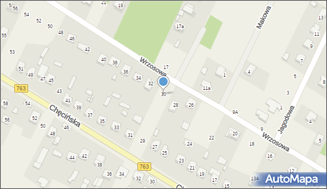 Brzeziny, Wrzosowa, 30, mapa Brzeziny