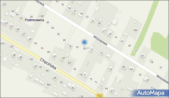 Brzeziny, Wrzosowa, 74, mapa Brzeziny