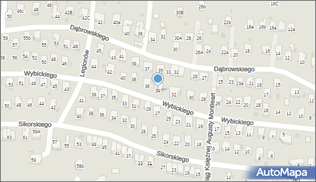 Myślenice, Wybickiego Józefa, gen., 34, mapa Myślenice