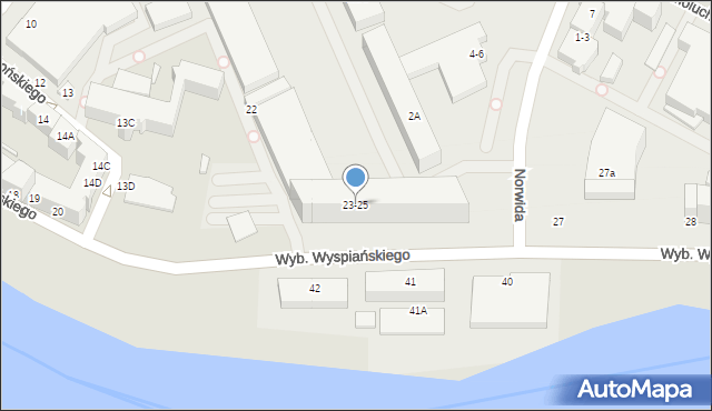 Wrocław, Wybrzeże Stanisława Wyspiańskiego, 23-25, mapa Wrocławia