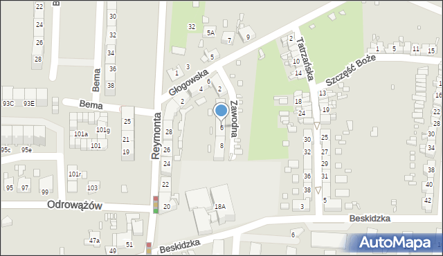 Gliwice, Zawodna, 6, mapa Gliwic