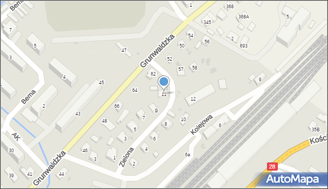 Grybów, Zielona, 11, mapa Grybów