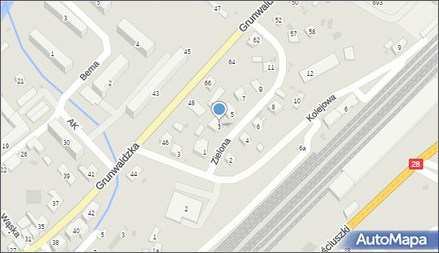 Grybów, Zielona, 3, mapa Grybów