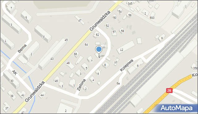 Grybów, Zielona, 9, mapa Grybów