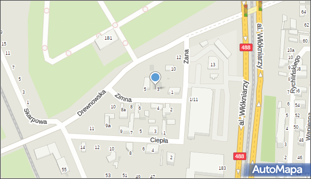 Łódź, Zimna, 3a, mapa Łodzi