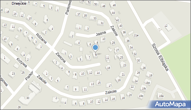 Ostróda, Zielona, 9, mapa Ostróda