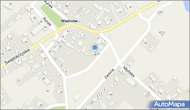 Waśniów, Zielona, 33, mapa Waśniów
