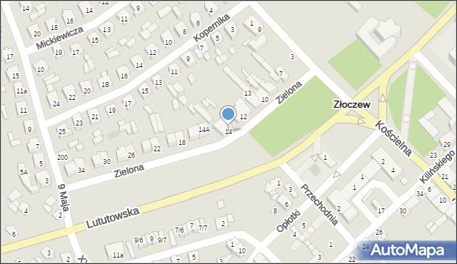Złoczew, Zielona, 14, mapa Złoczew