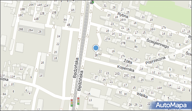 Sosnowiec, Żółta, 18, mapa Sosnowca