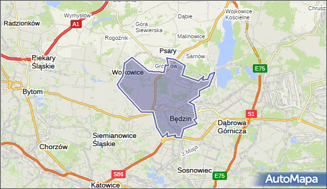 gmina Będzin - powiat będziński na mapie Targeo
