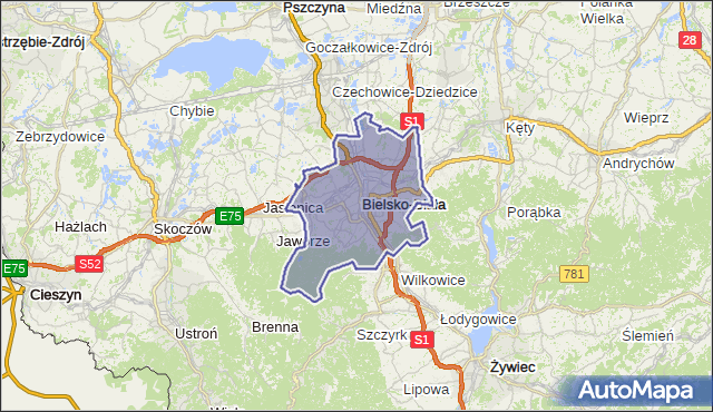 gmina Bielsko-Biała - powiat Bielsko-Biała na mapie Targeo