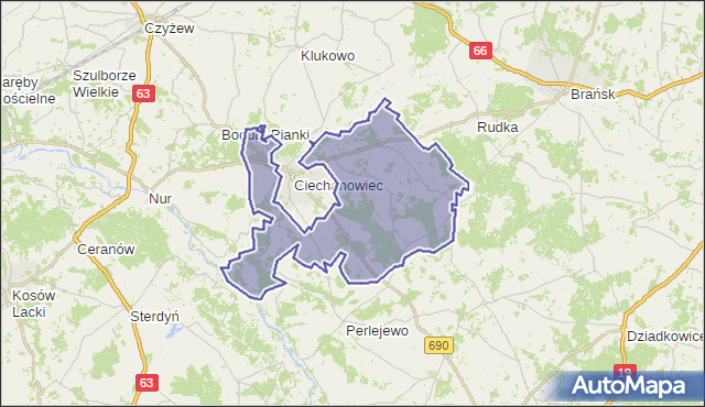 gmina Ciechanowiec - powiat wysokomazowiecki na mapie Targeo