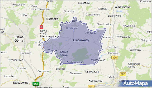gmina Ciepłowody - powiat ząbkowicki na mapie Targeo
