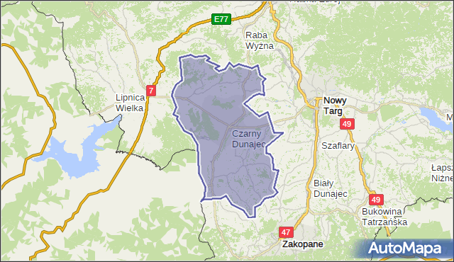 gmina Czarny Dunajec - powiat nowotarski na mapie Targeo