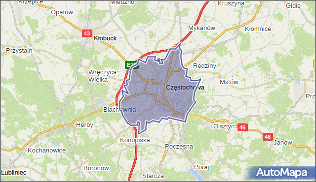 gmina Częstochowa - powiat Częstochowa na mapie Targeo