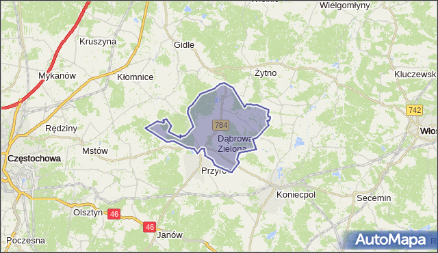 gmina Dąbrowa Zielona - powiat częstochowski na mapie Targeo