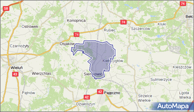 gmina Kiełczygłów - powiat pajęczański na mapie Targeo