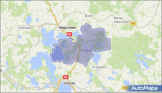 gmina Pozezdrze - powiat węgorzewski na mapie Targeo