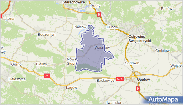 gmina Waśniów - powiat ostrowiecki na mapie Targeo