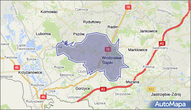 gmina Wodzisław Śląski - powiat wodzisławski na mapie Targeo
