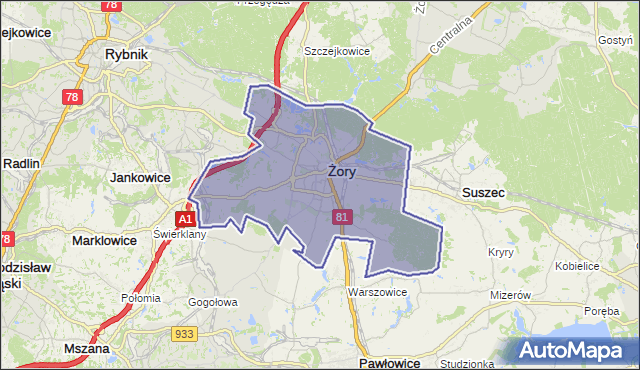 gmina Żory - powiat Żory na mapie Targeo