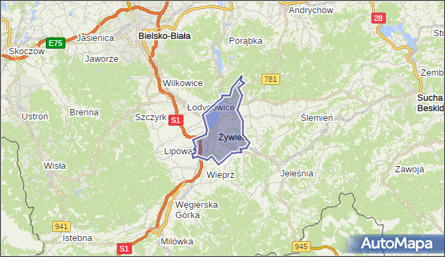 gmina Żywiec - powiat żywiecki na mapie Targeo