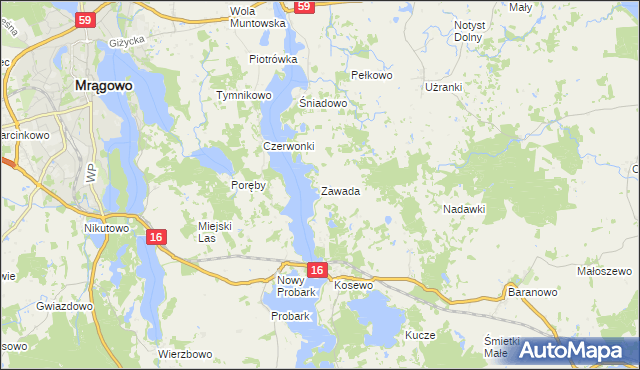 mapa Zawada gmina Mrągowo, Zawada gmina Mrągowo na mapie Targeo