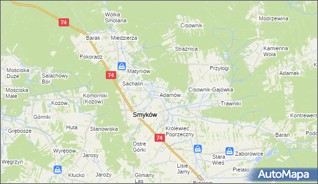 mapa Adamów gmina Smyków, Adamów gmina Smyków na mapie Targeo