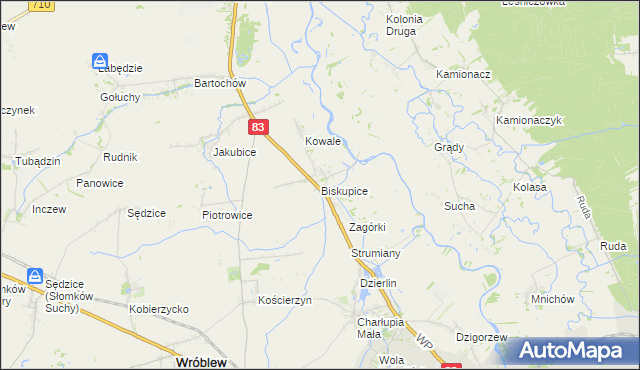 mapa Biskupice gmina Sieradz, Biskupice gmina Sieradz na mapie Targeo