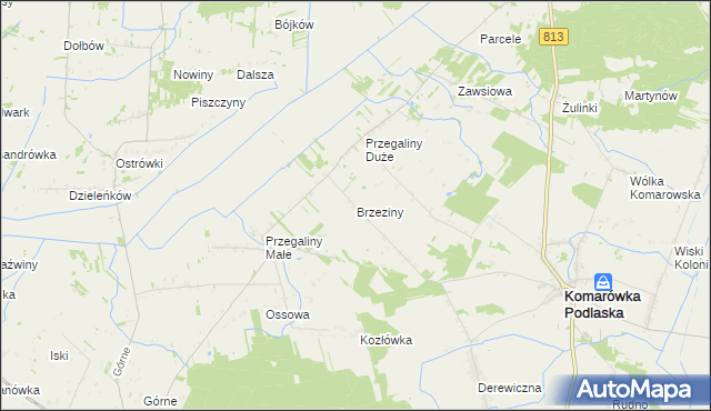 mapa Brzeziny gmina Komarówka Podlaska, Brzeziny gmina Komarówka Podlaska na mapie Targeo