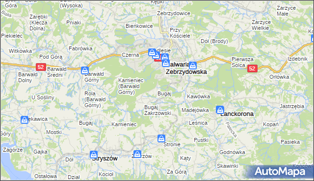 mapa Bugaj gmina Kalwaria Zebrzydowska, Bugaj gmina Kalwaria Zebrzydowska na mapie Targeo