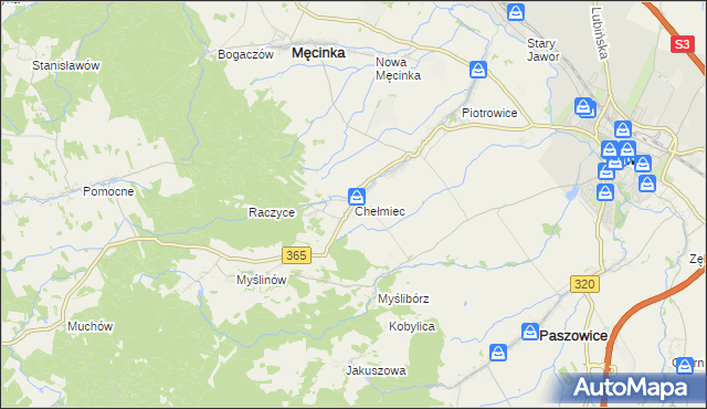 mapa Chełmiec gmina Męcinka, Chełmiec gmina Męcinka na mapie Targeo
