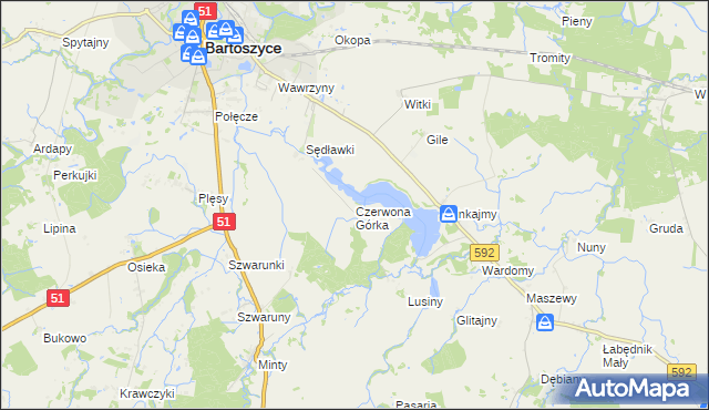 mapa Czerwona Górka gmina Bartoszyce, Czerwona Górka gmina Bartoszyce na mapie Targeo