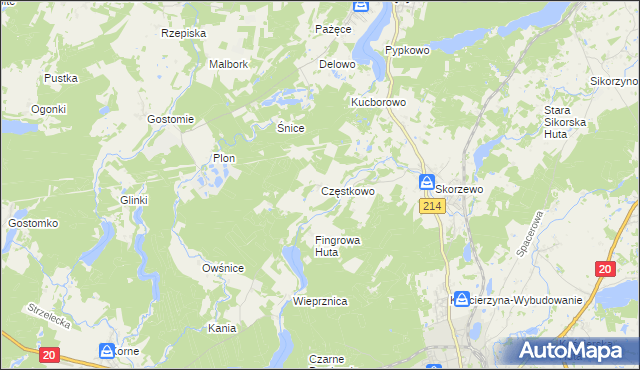 mapa Częstkowo gmina Kościerzyna, Częstkowo gmina Kościerzyna na mapie Targeo