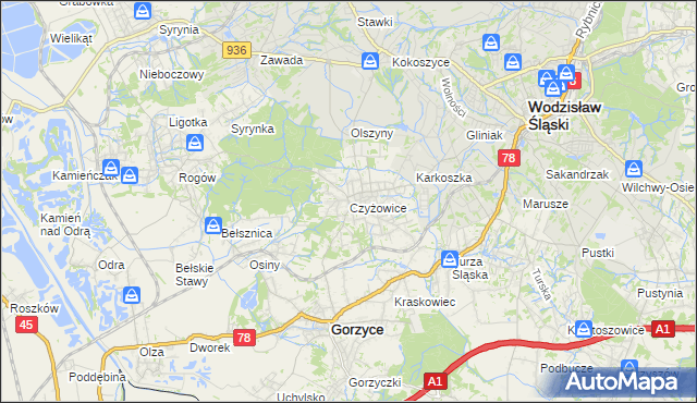 mapa Czyżowice gmina Gorzyce, Czyżowice gmina Gorzyce na mapie Targeo